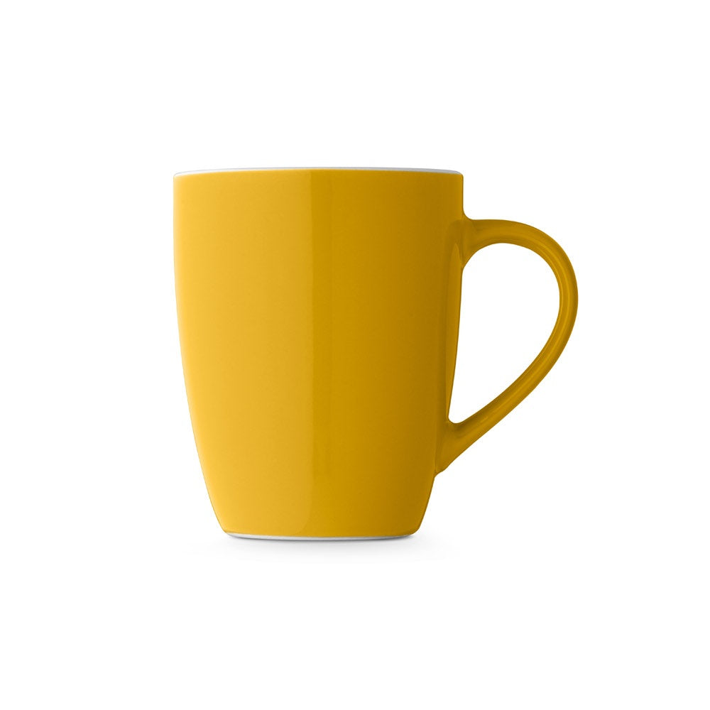 CINANDER promotional mug in yellow (detail view) with custom logo branding