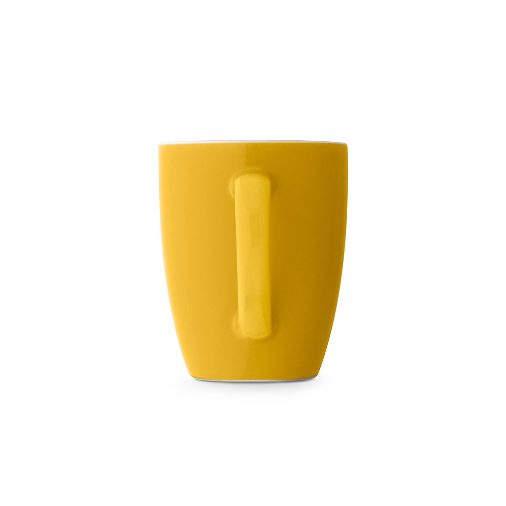 CINANDER promotional mug in yellow (detail view) with custom logo branding