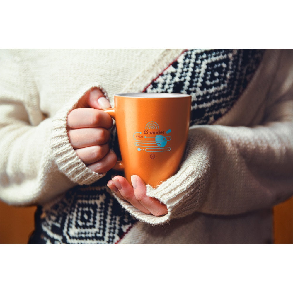 CINANDER promotional mug in orange with custom logo branding