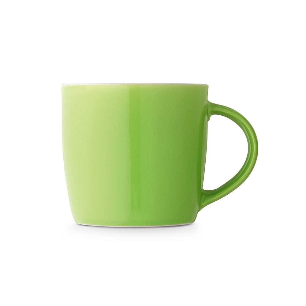 COMANDER promotional mug in light green (detail view) with custom logo branding