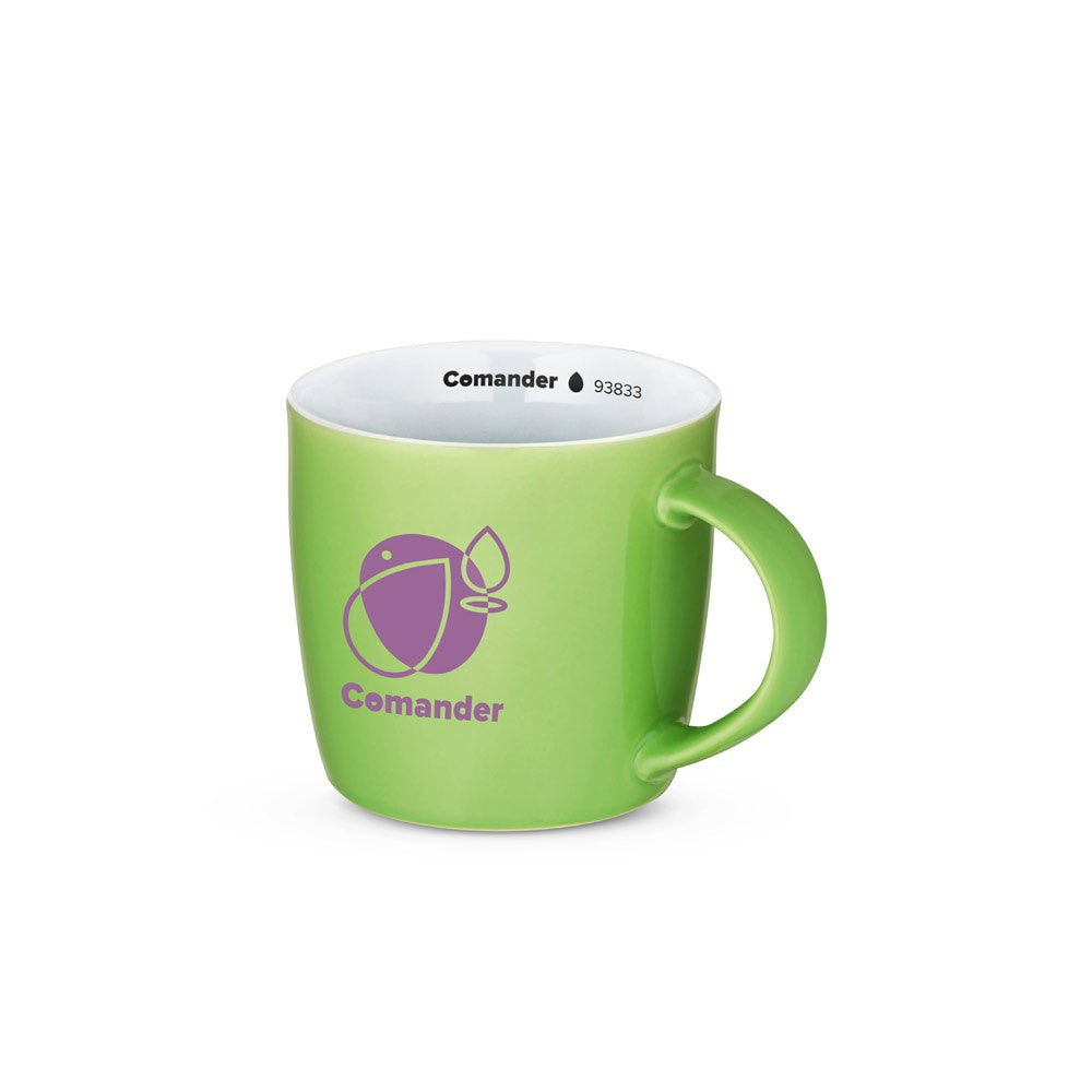 COMANDER promotional mug in light green with custom logo branding
