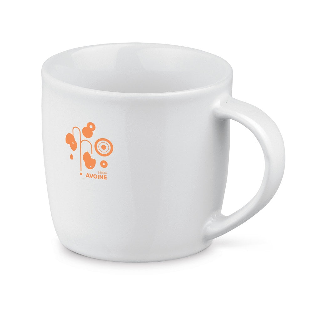 AVOINE promotional mug in white with custom logo branding