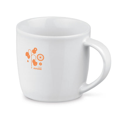 AVOINE promotional mug in white with custom logo branding