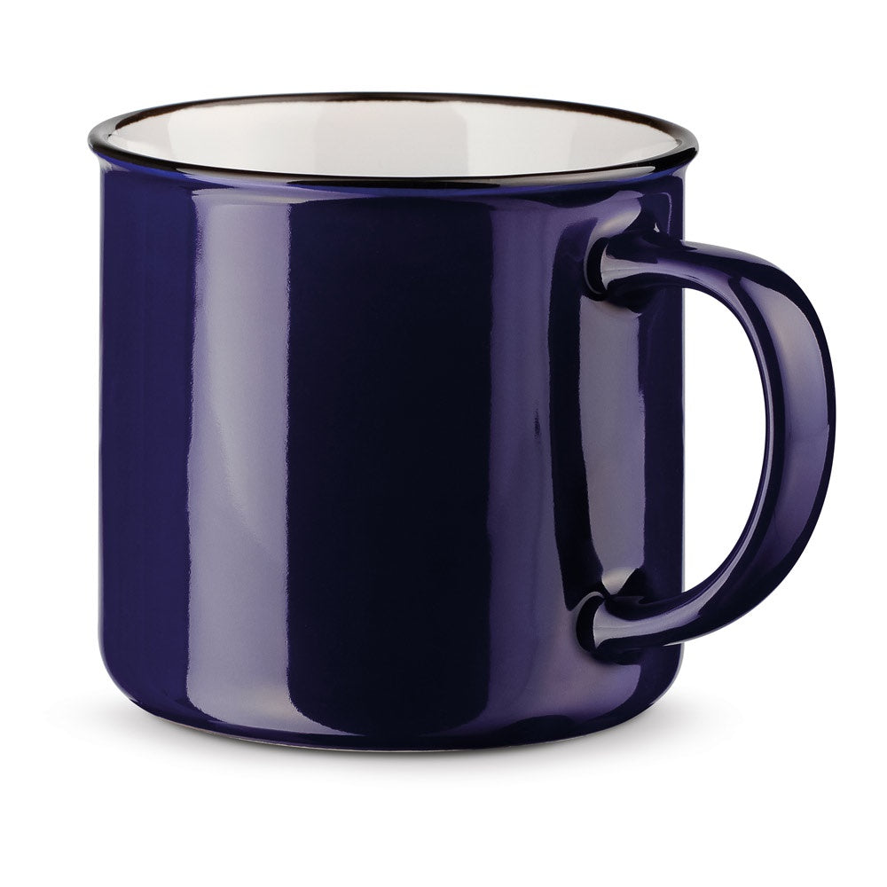 VERNON promotional mug in navy blue with custom logo branding