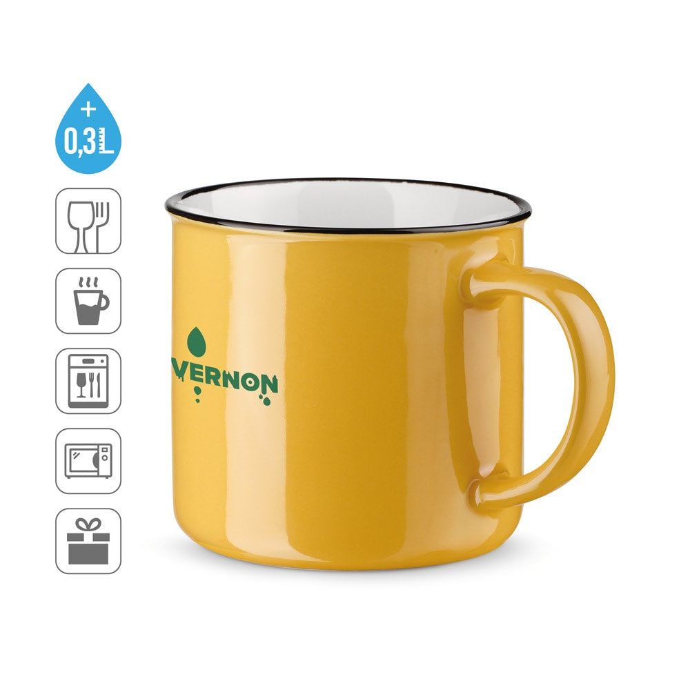 VERNON promotional mug (complete set view) with custom logo branding