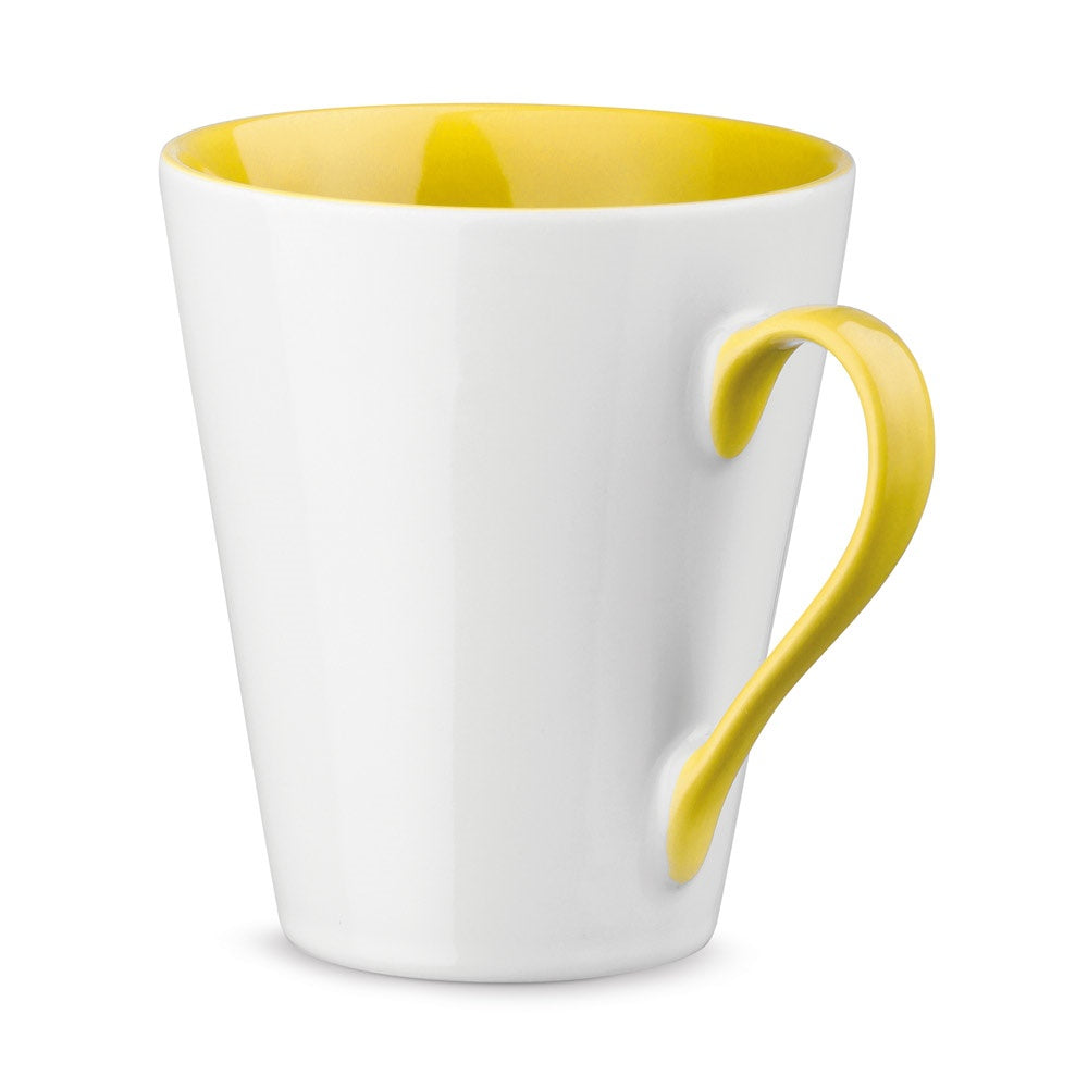 COLBY promotional mug in yellow with custom logo branding