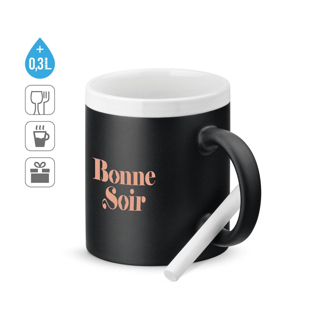 CHALKIE promotional mug (complete set view) with custom logo branding