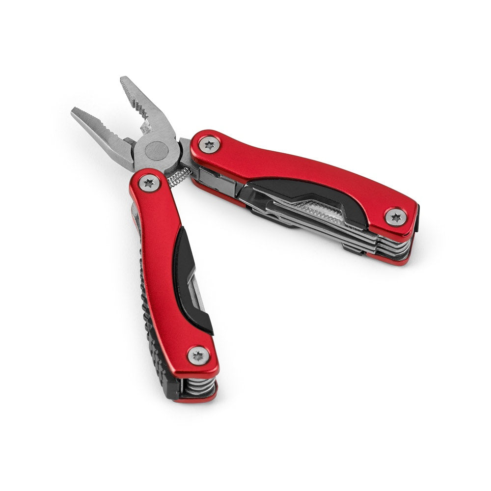 DUNITO promotional multi-tool in red (detail view) with custom logo branding