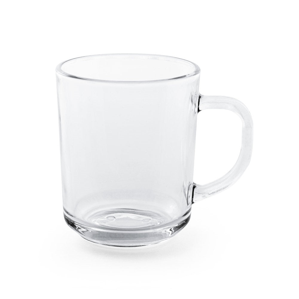 SOFFY promotional mug in transparent (detail view) with custom logo branding