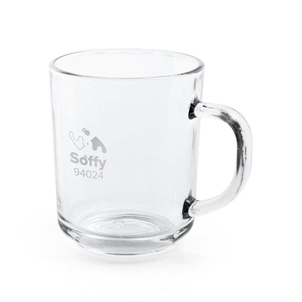 SOFFY promotional mug in transparent with custom logo branding