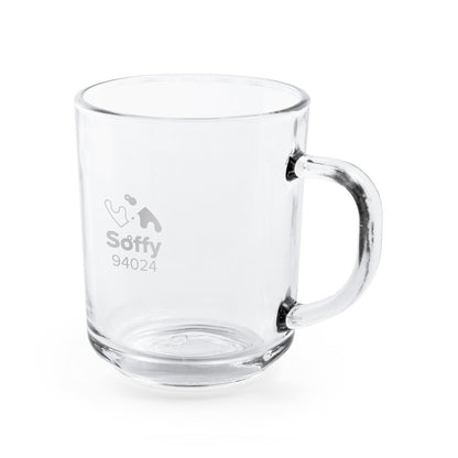 SOFFY promotional mug in transparent with custom logo branding