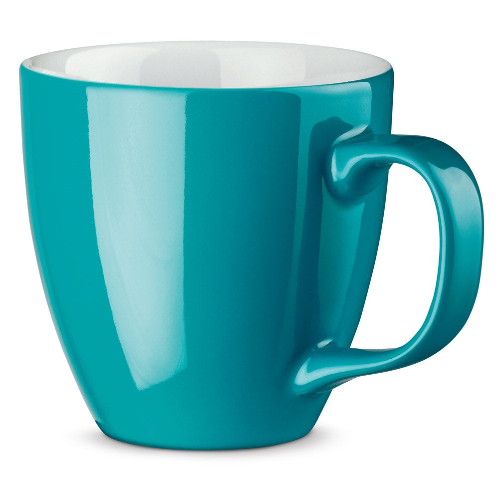PANTHONY promotional mug in turquoise blue with custom logo branding