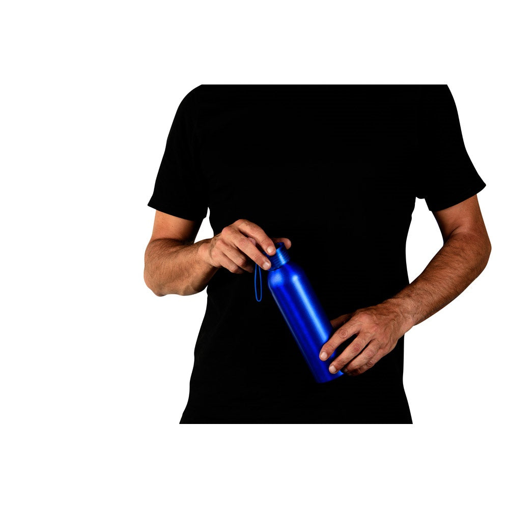RIO promotional bottle in blue (detail view) with custom logo branding