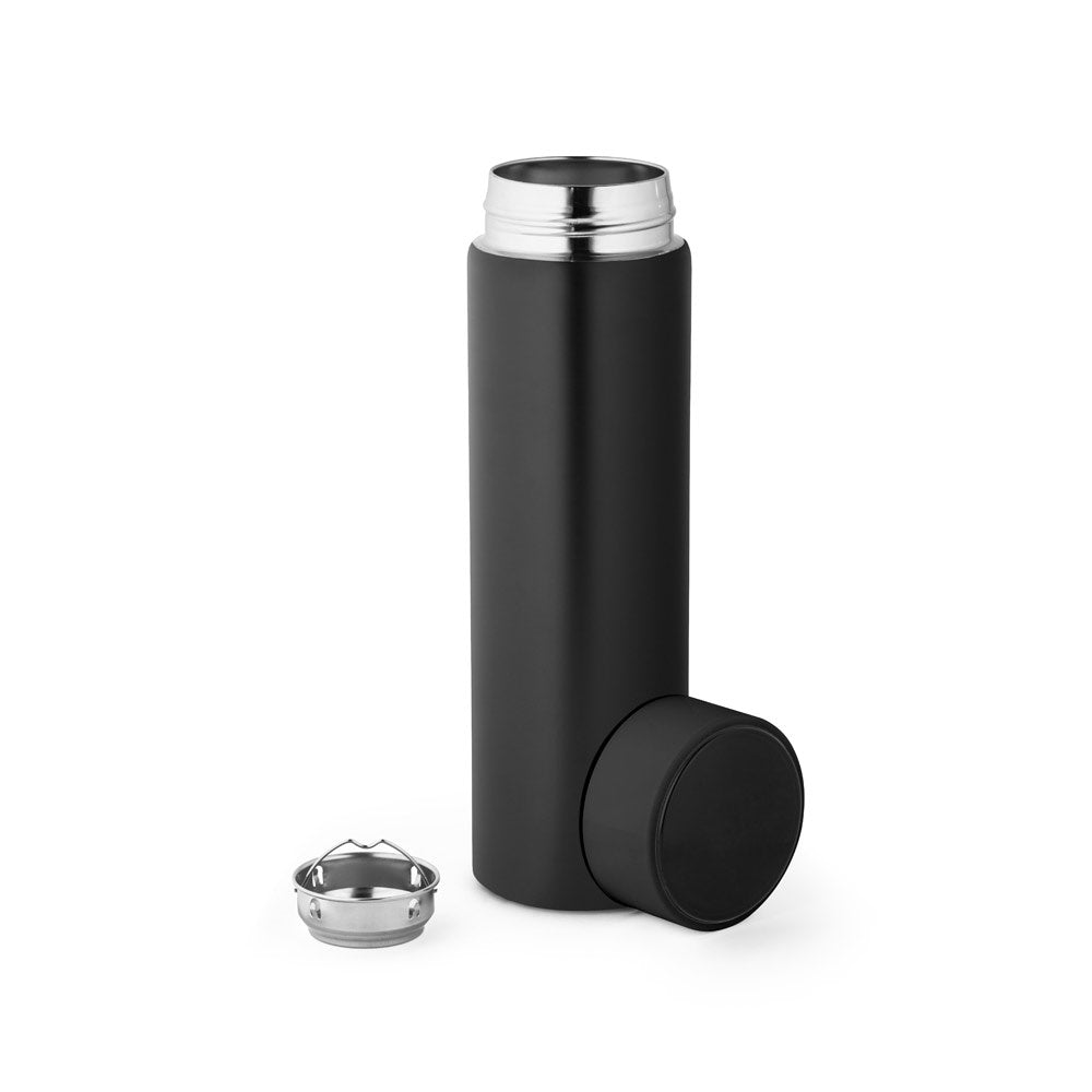ROSSI promotional thermal bottle in black (detail view) with custom logo branding