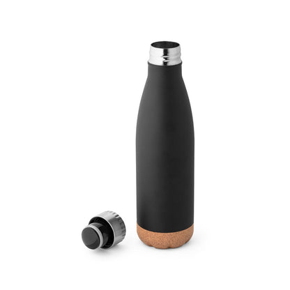 SOLBERG promotional thermal bottle in black (detail view) with custom logo branding