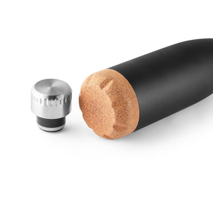 SOLBERG promotional thermal bottle in black (detail view) with custom logo branding