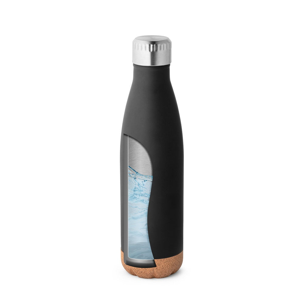SOLBERG promotional thermal bottle in black (detail view) with custom logo branding