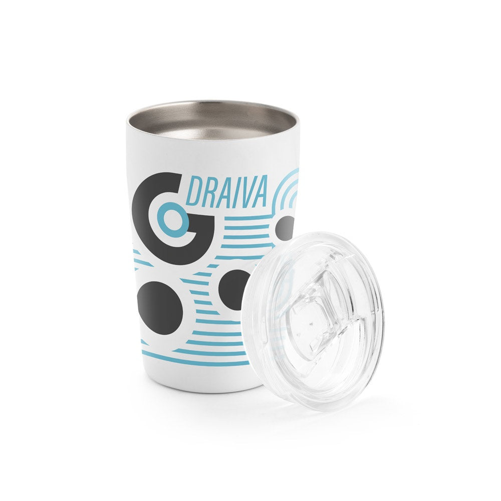 SLIDER promotional travel cup in white with custom logo branding