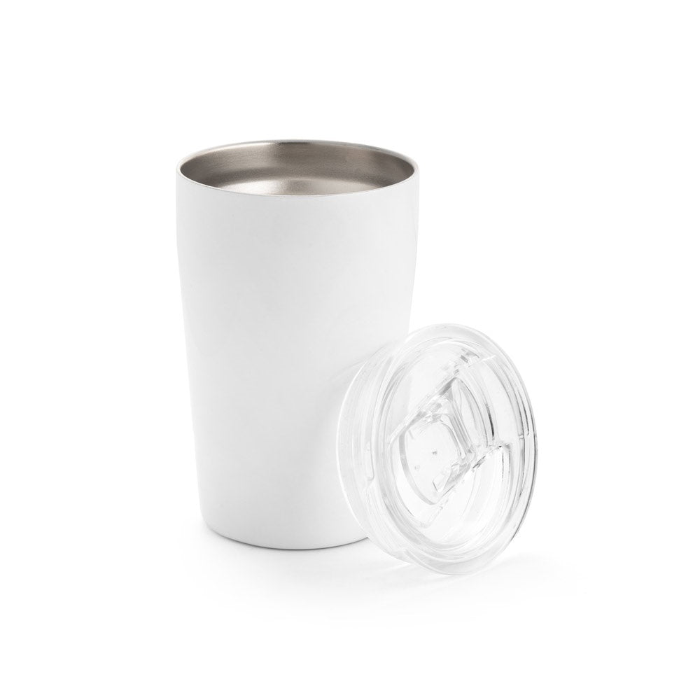 SLIDER promotional travel cup in white (detail view) with custom logo branding