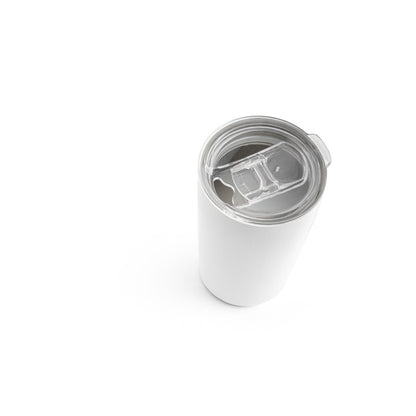 SLIDER promotional travel cup in white (detail view) with custom logo branding