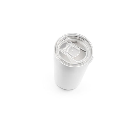 SLIDER promotional travel cup in white (detail view) with custom logo branding