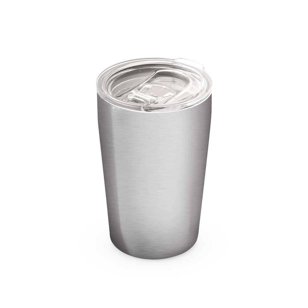 SLIDER promotional travel cup in satin silver with custom logo branding