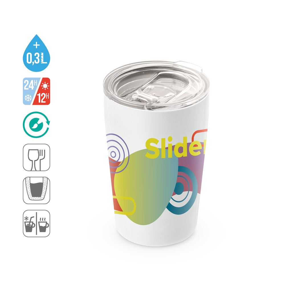 SLIDER promotional travel cup (complete set view) with custom logo branding