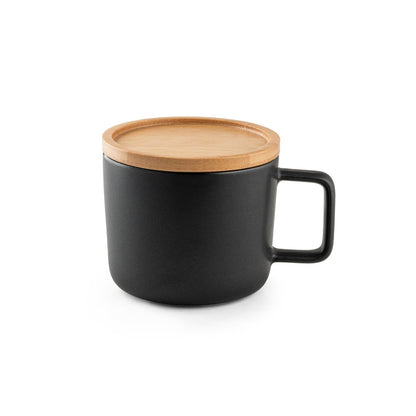 FANGIO promotional mug in black (detail view) with custom logo branding