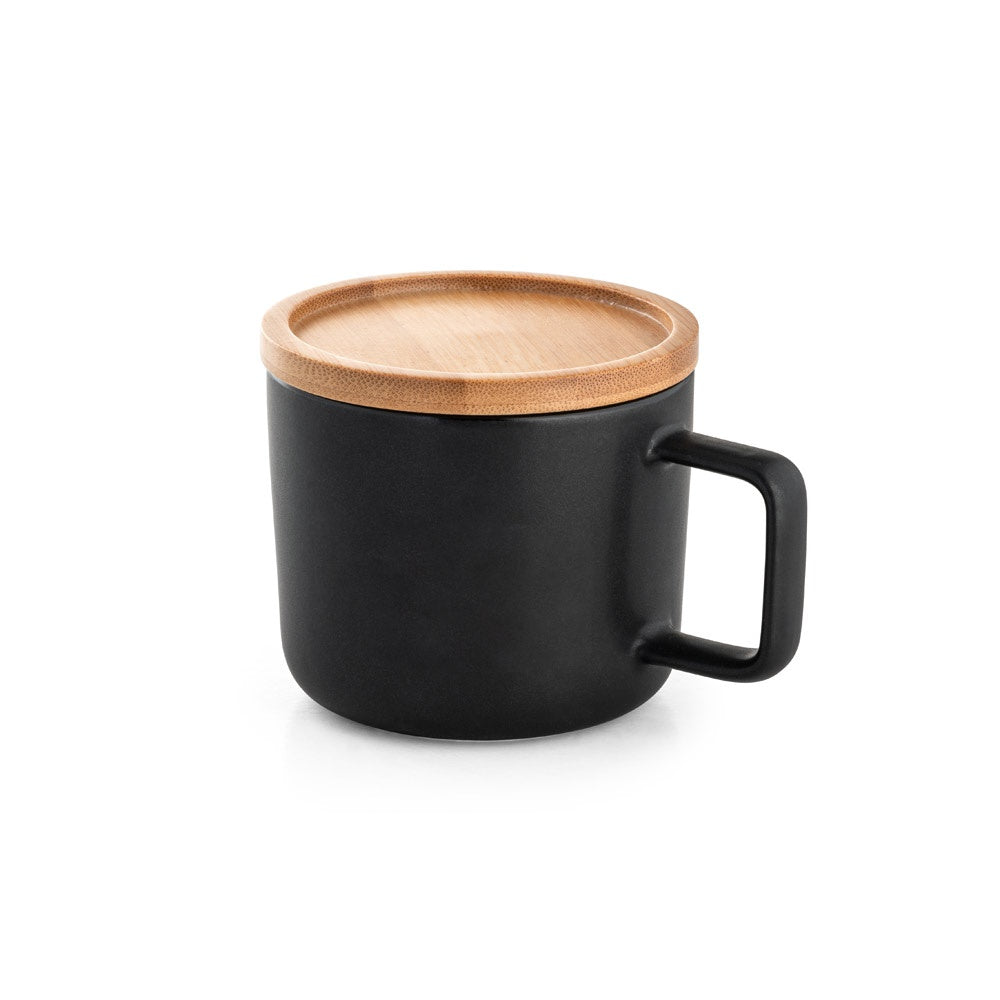 FANGIO promotional mug in black (detail view) with custom logo branding