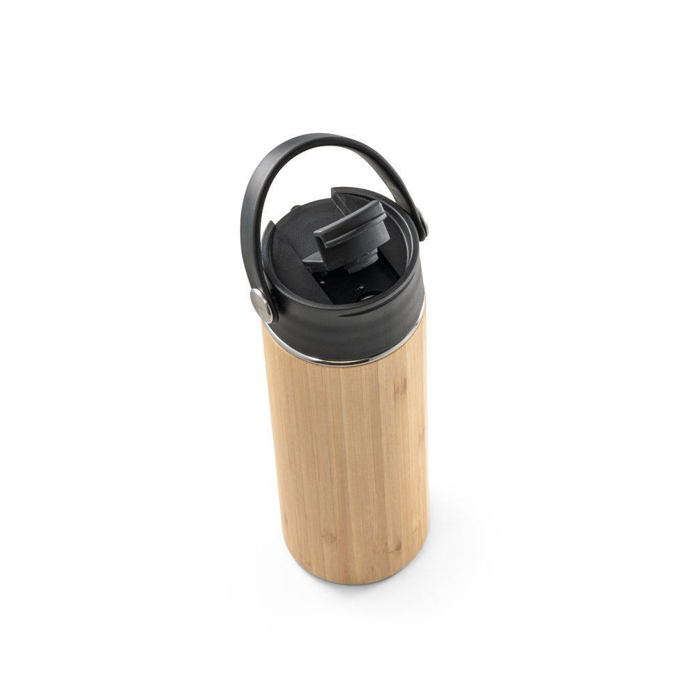 LAVER promotional thermal bottle in black (detail view) with custom logo branding