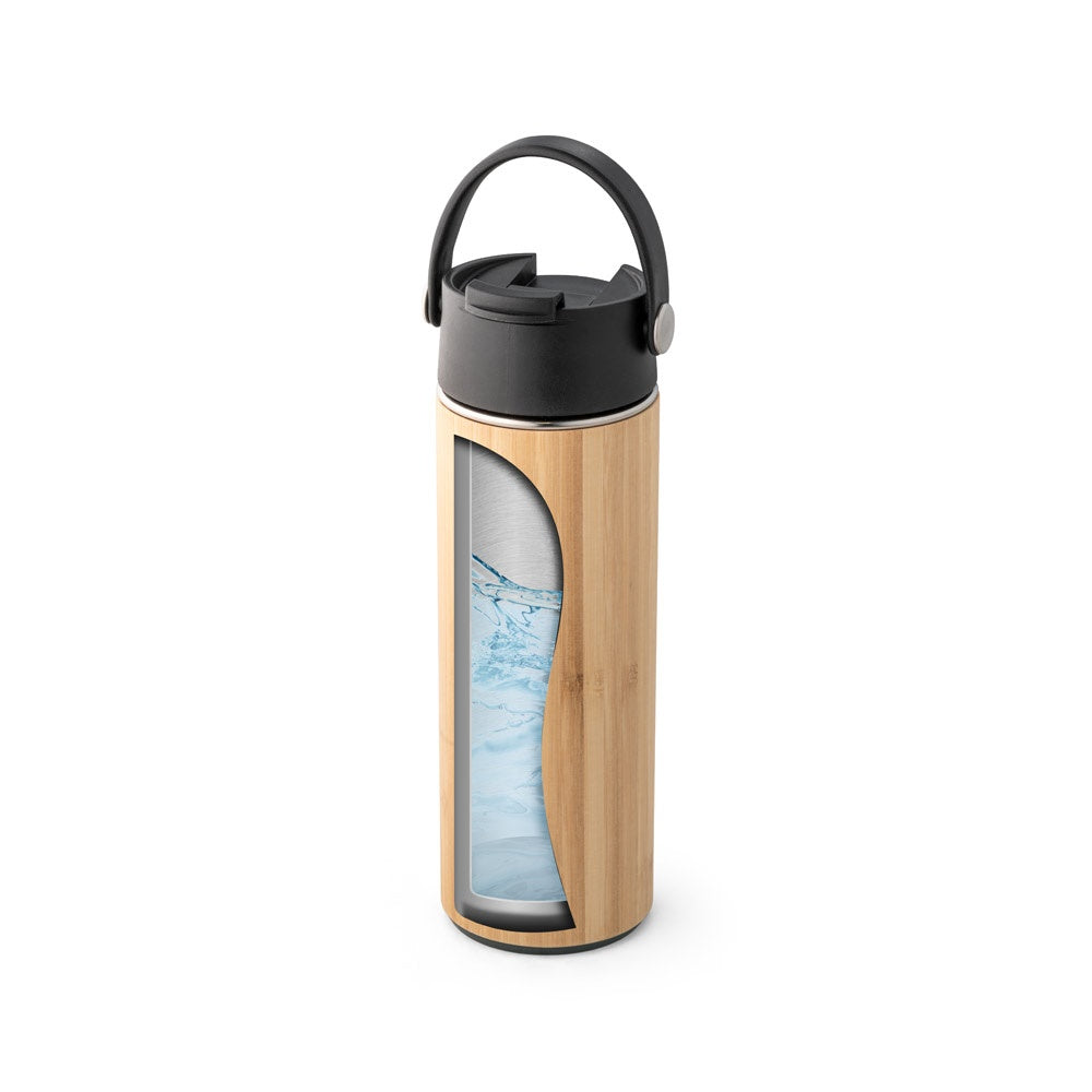 LAVER promotional thermal bottle in black (detail view) with custom logo branding