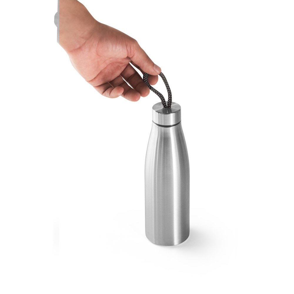 MORGAN promotional bottle in satin silver (detail view) with custom logo branding