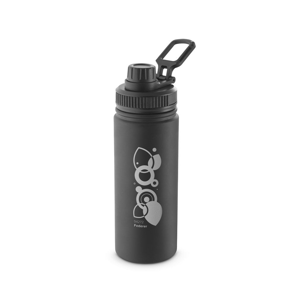 FEDERER promotional bottle in black with custom logo branding
