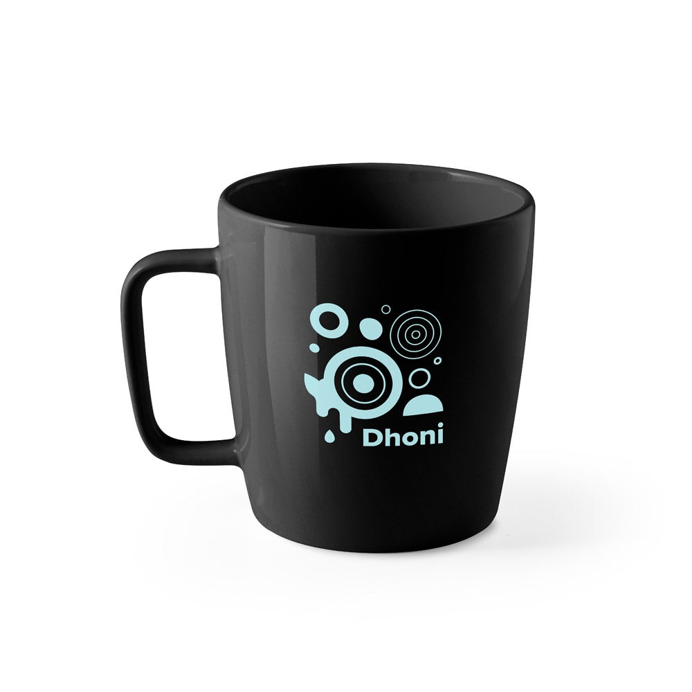 DHONI promotional mug in black with custom logo branding