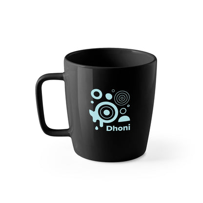 DHONI promotional mug in black with custom logo branding
