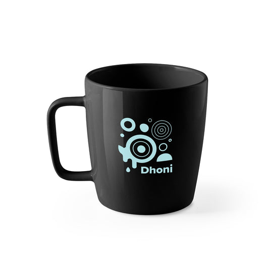 DHONI promotional mug in black with custom logo branding