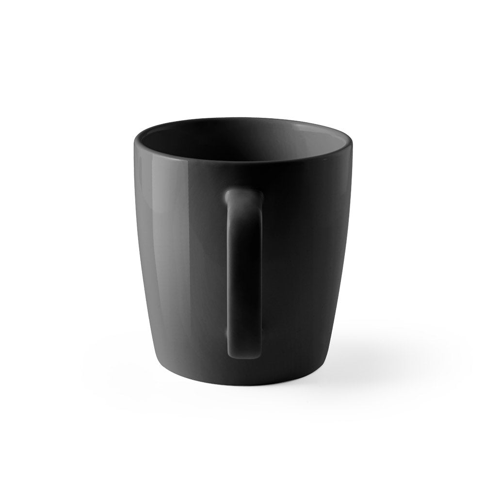 DHONI promotional mug in black (detail view) with custom logo branding