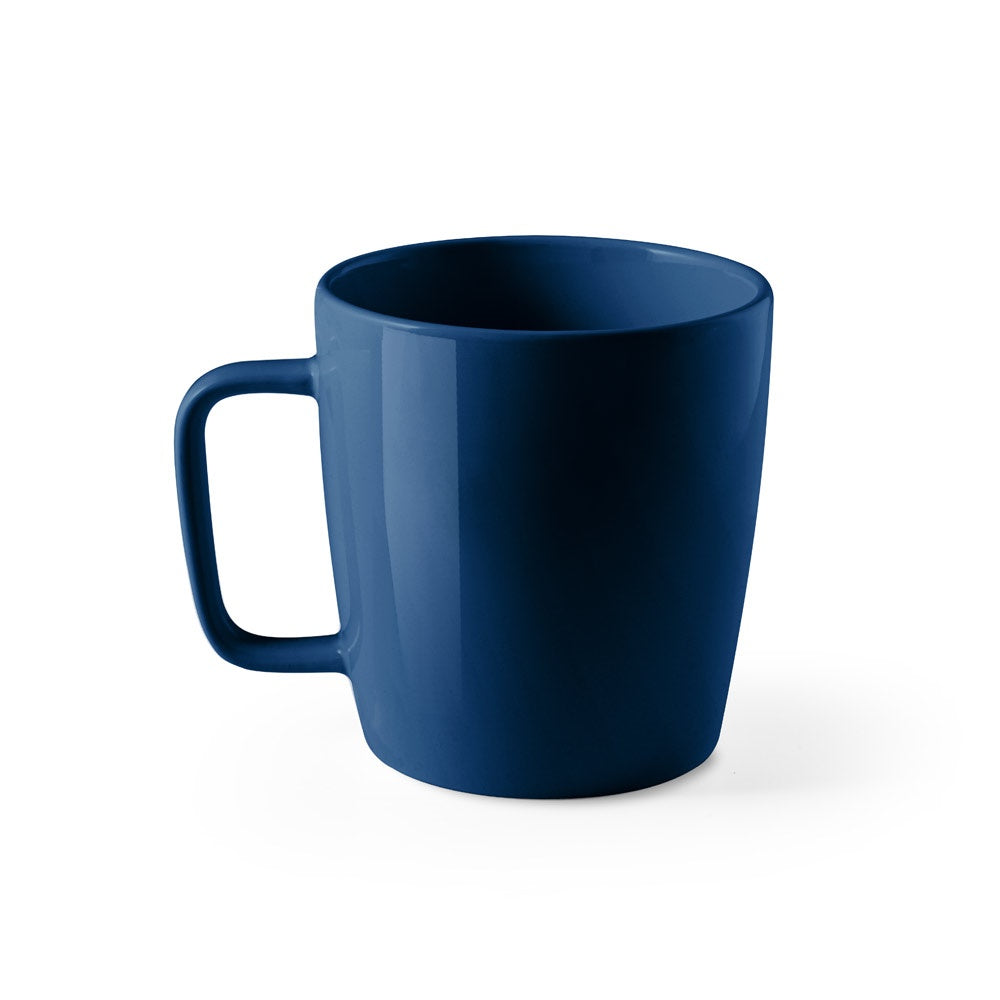 DHONI promotional mug in navy blue (detail view) with custom logo branding