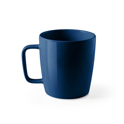 DHONI promotional mug in navy blue (detail view) with custom logo branding