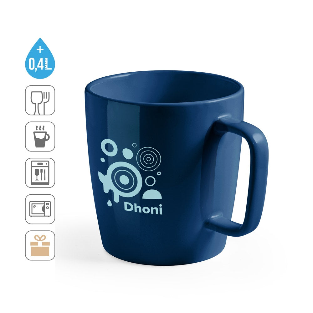 DHONI promotional mug (complete set view) with custom logo branding