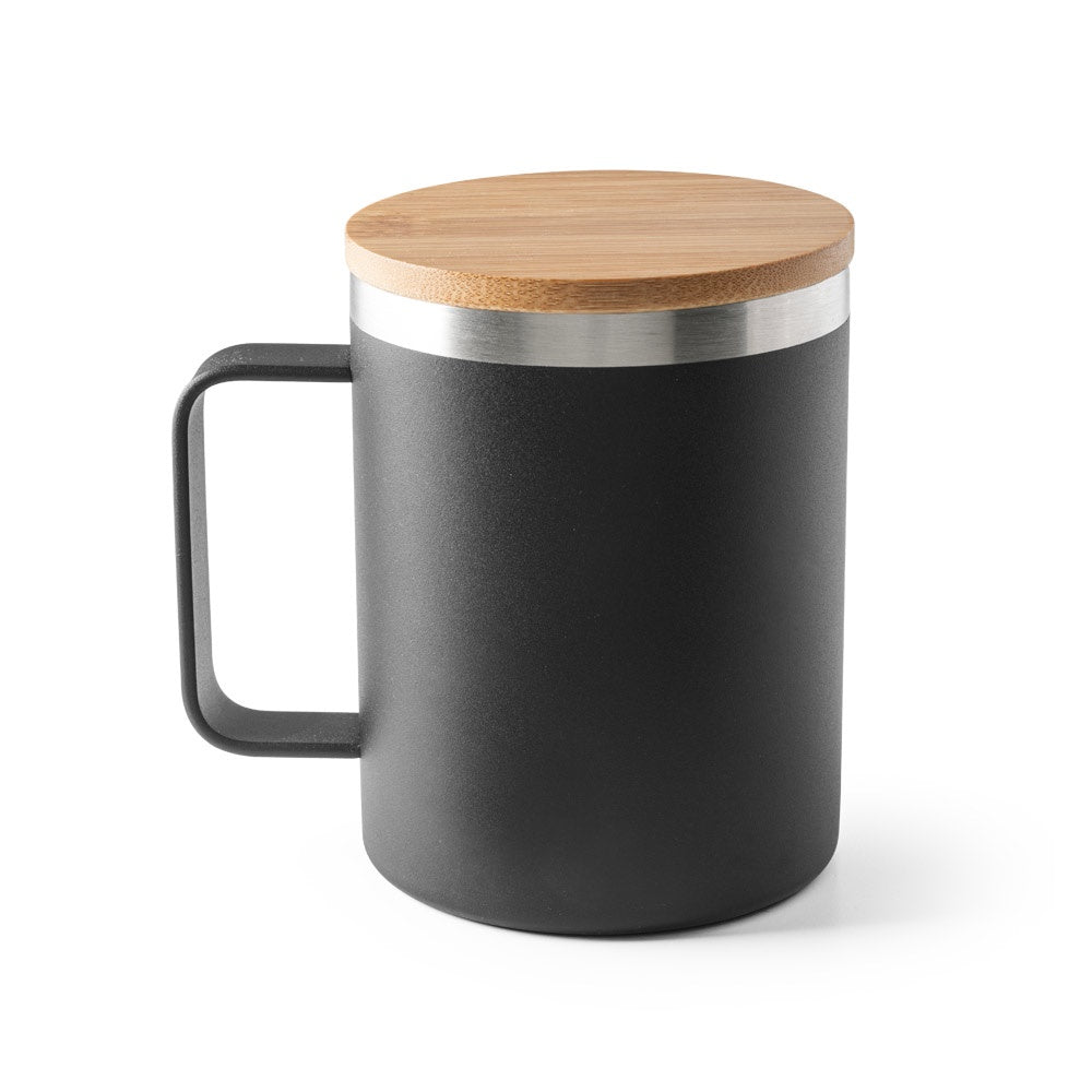 LAUDA promotional mug in black (detail view) with custom logo branding