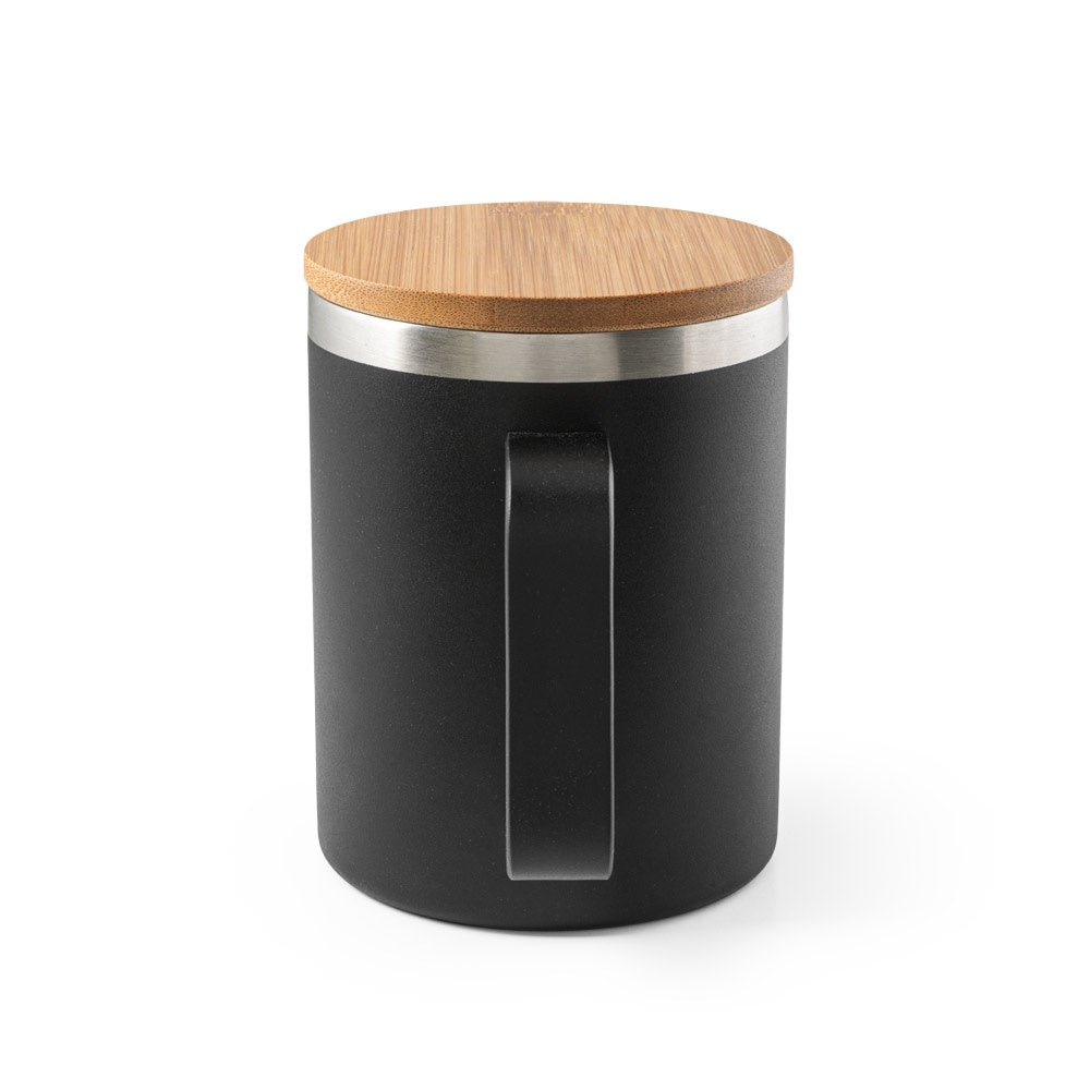 LAUDA promotional mug in black (detail view) with custom logo branding