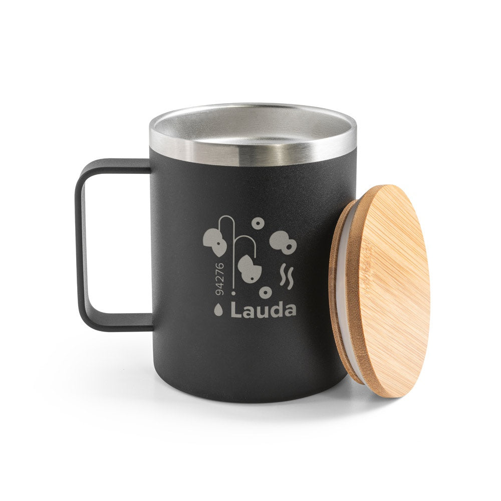 LAUDA promotional mug in black with custom logo branding