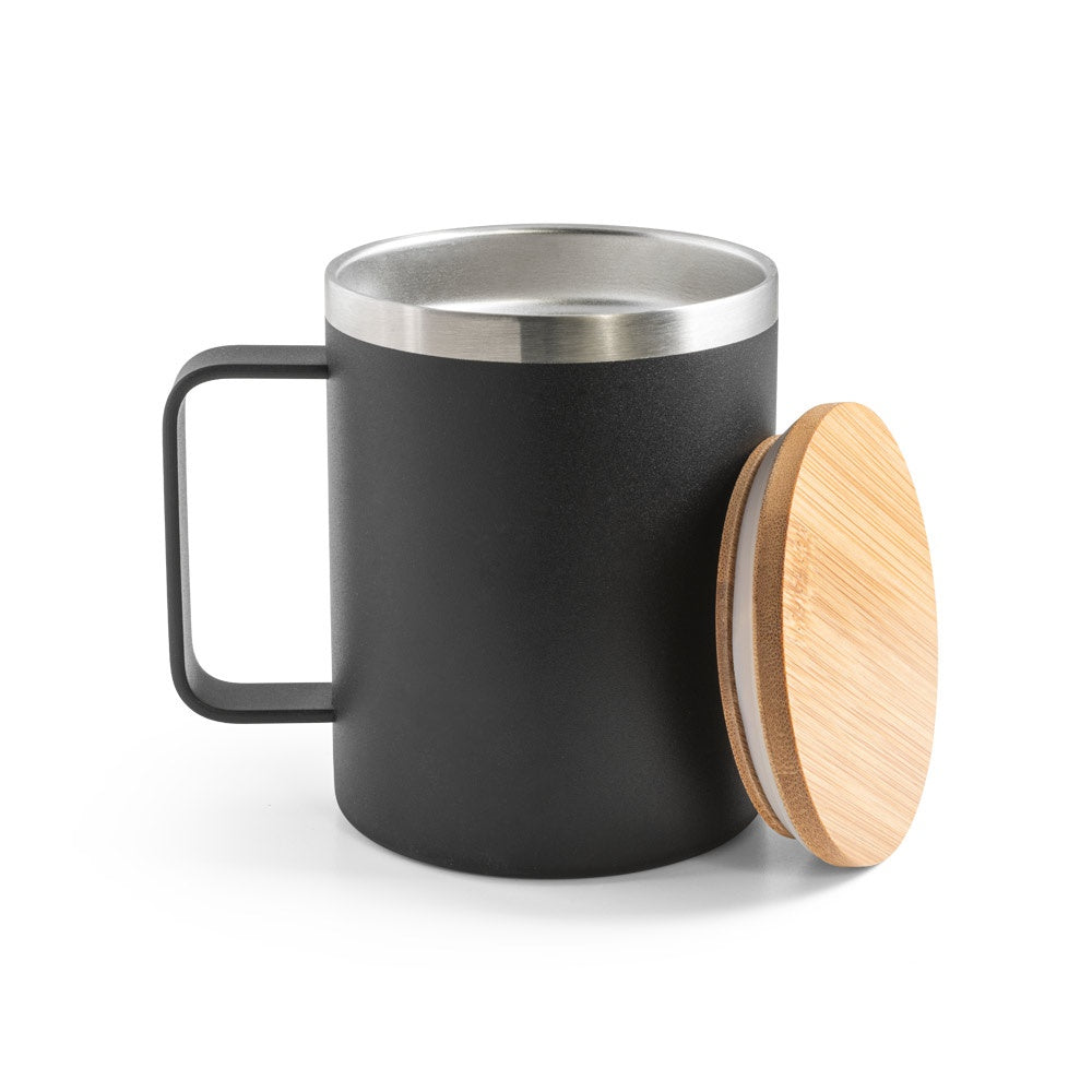 LAUDA promotional mug in black (detail view) with custom logo branding