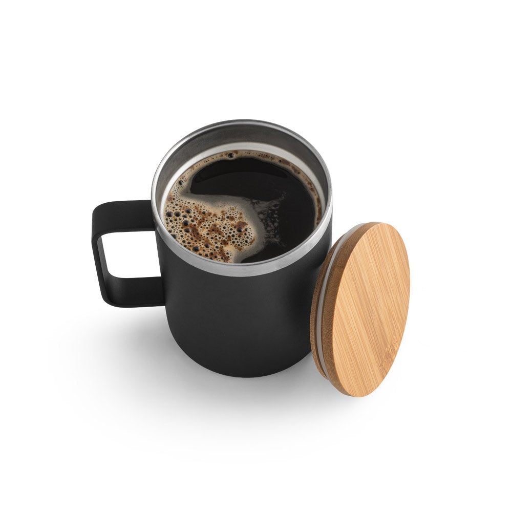 LAUDA promotional mug in black (detail view) with custom logo branding