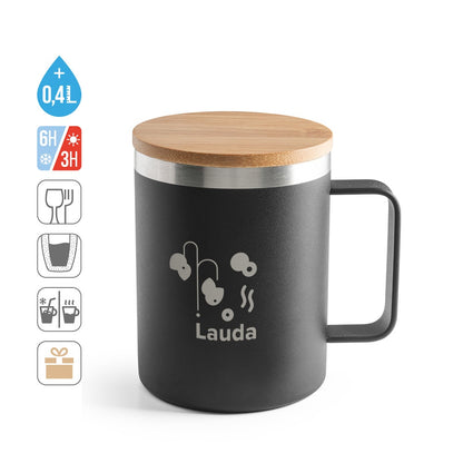LAUDA promotional mug (complete set view) with custom logo branding