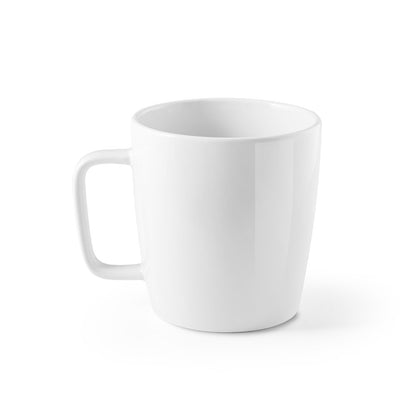 DHONI WHITE promotional mug in white (detail view) with custom logo branding