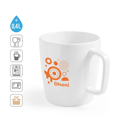 DHONI WHITE promotional mug (complete set view) with custom logo branding