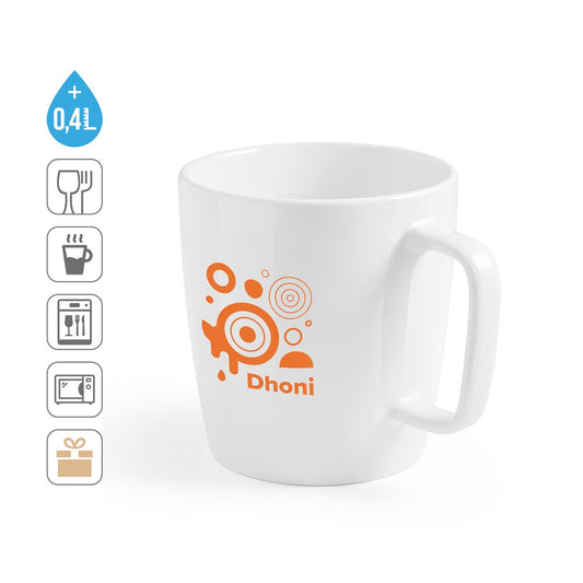 DHONI WHITE promotional mug (complete set view) with custom logo branding