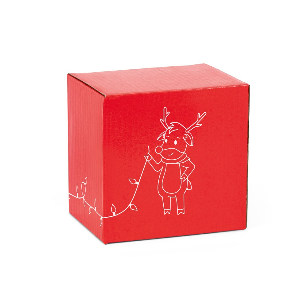 REINDEER promotional mug in red (gift box packaging) with custom logo branding